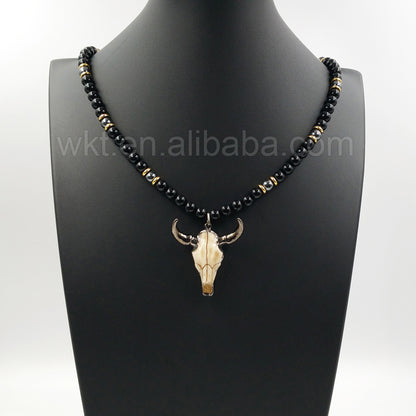 WT-N774 Newest Exclusive 8mm Black Bull Shaped Punk Agate and Cattle Head 32 Inch Long Beads Necklace