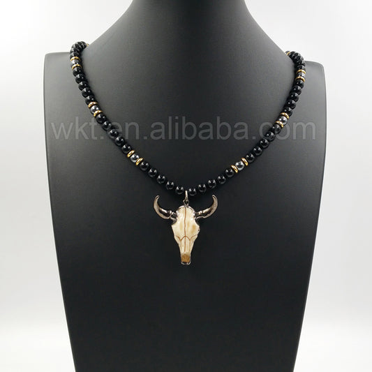 WT-N774 Newest Exclusive 8mm Black Bull Shaped Punk Agate and Cattle Head 32 Inch Long Beads Necklace