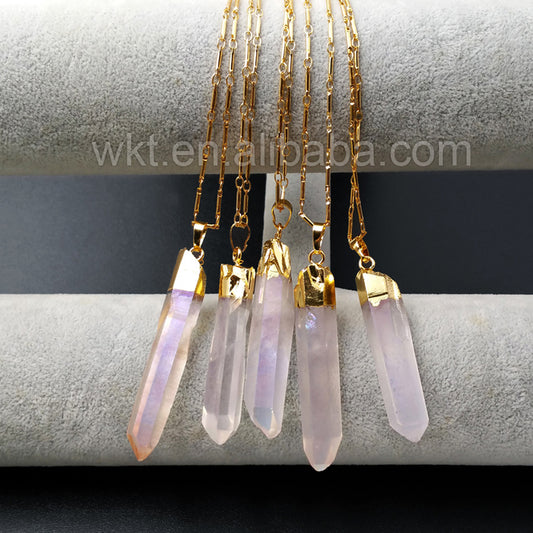 WT-N860 Newest Freedom Angel Aura Crystal Quartz Pendant Necklace,Amazing Natural Quartz With Gold Plated Pendant Necklace