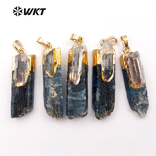 WT-P1390 Wholesale Special Fashion Design Custom Blue Kyanite with 18K Metal Electroplated Selenite for Jewelry Quartz Charm