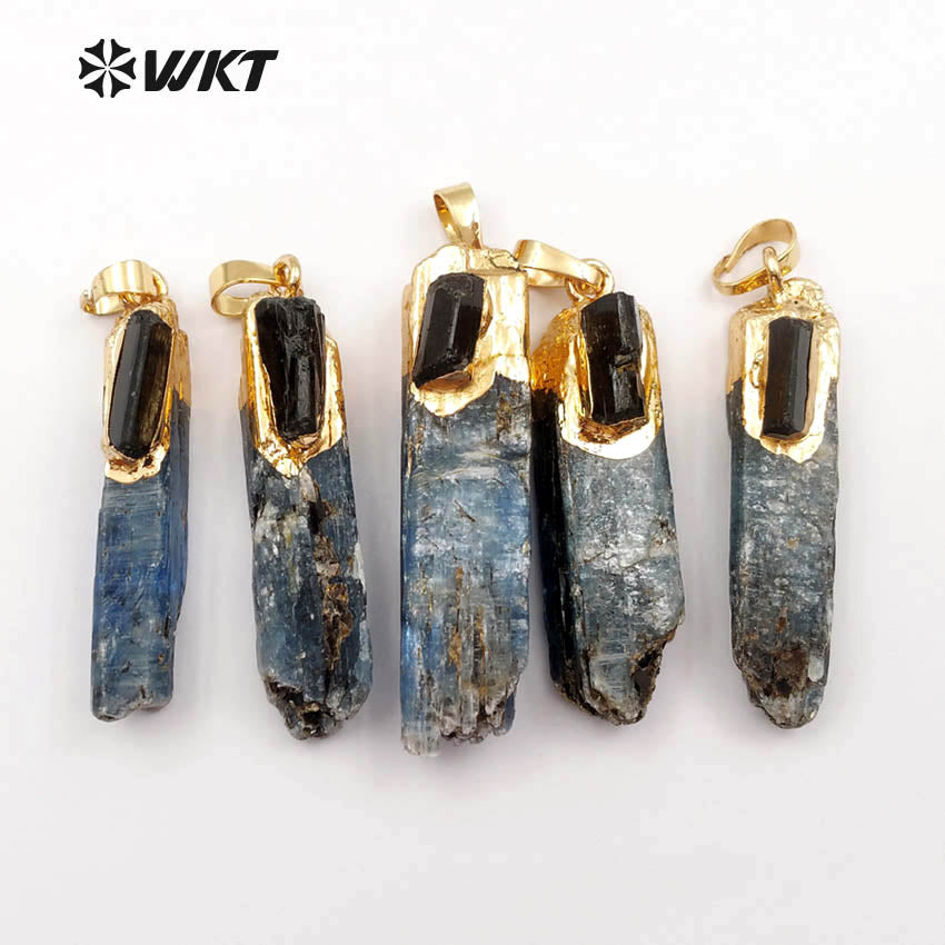 WT-P1391 Wholesale Special Fashion Natural Blue Kyanite With With Electroplated Women Jewelry Making 2018 Black Tourmaline Charm