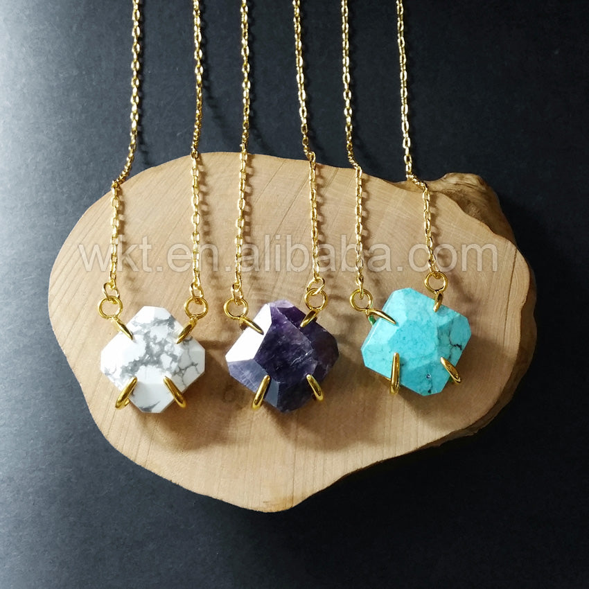 WT-N720 Wholesale Natural Prong Setting Gemstone Necklace 24k Gold Plated Faceted Turquoise Necklace