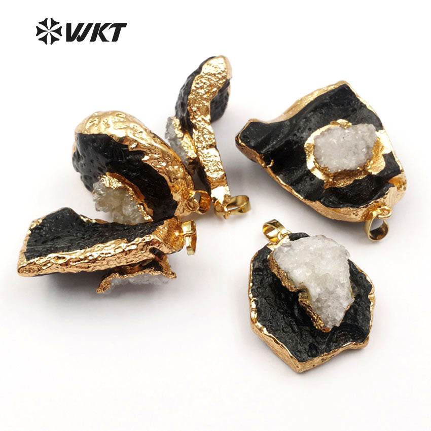 WT-P1389 Wholesale Fashion Design Custom Black Tektite With for Fashion Women Jewelry Making Druzy Quartz Unique Pendants