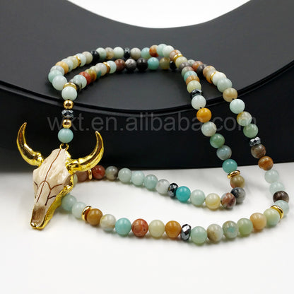 WT-N775 Natural 8mm Amazonite Beads Necklace,24k Gold Plated Resin Cattle Head Bull Horn Pendant Beaded Necklace