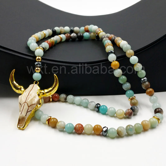 WT-N775 Natural 8mm Amazonite Beads Necklace,24k Gold Plated Resin Cattle Head Bull Horn Pendant Beaded Necklace