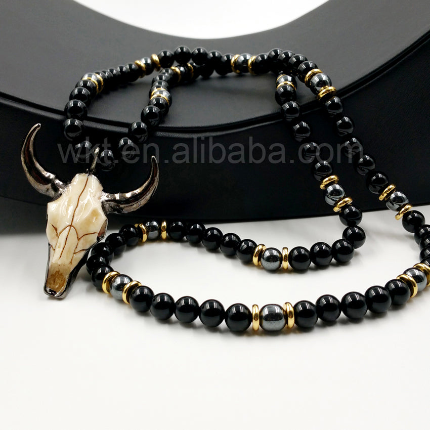 WT-N774 Newest Exclusive 8mm Black Bull Shaped Punk Agate and Cattle Head 32 Inch Long Beads Necklace