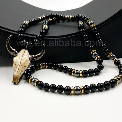 WT-N774 Newest Exclusive 8mm Black Bull Shaped Punk Agate and Cattle Head 32 Inch Long Beads Necklace