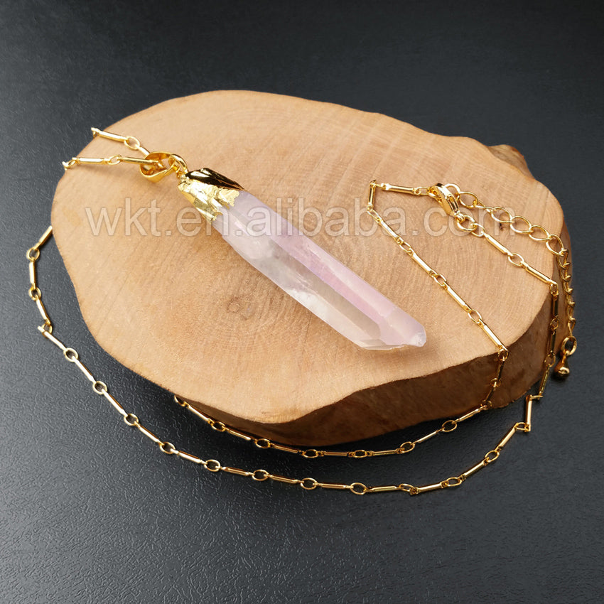 WT-N860 Newest Freedom Angel Aura Crystal Quartz Pendant Necklace,Amazing Natural Quartz With Gold Plated Pendant Necklace