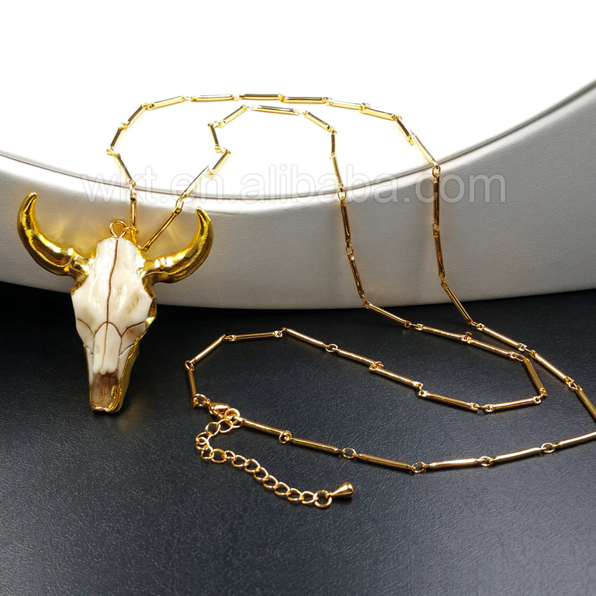 WT-N782 Newest Gold Plated Brass bar Chain Cattle Horn Necklace , Hot Resin Buffalo Cattle Horn Necklace