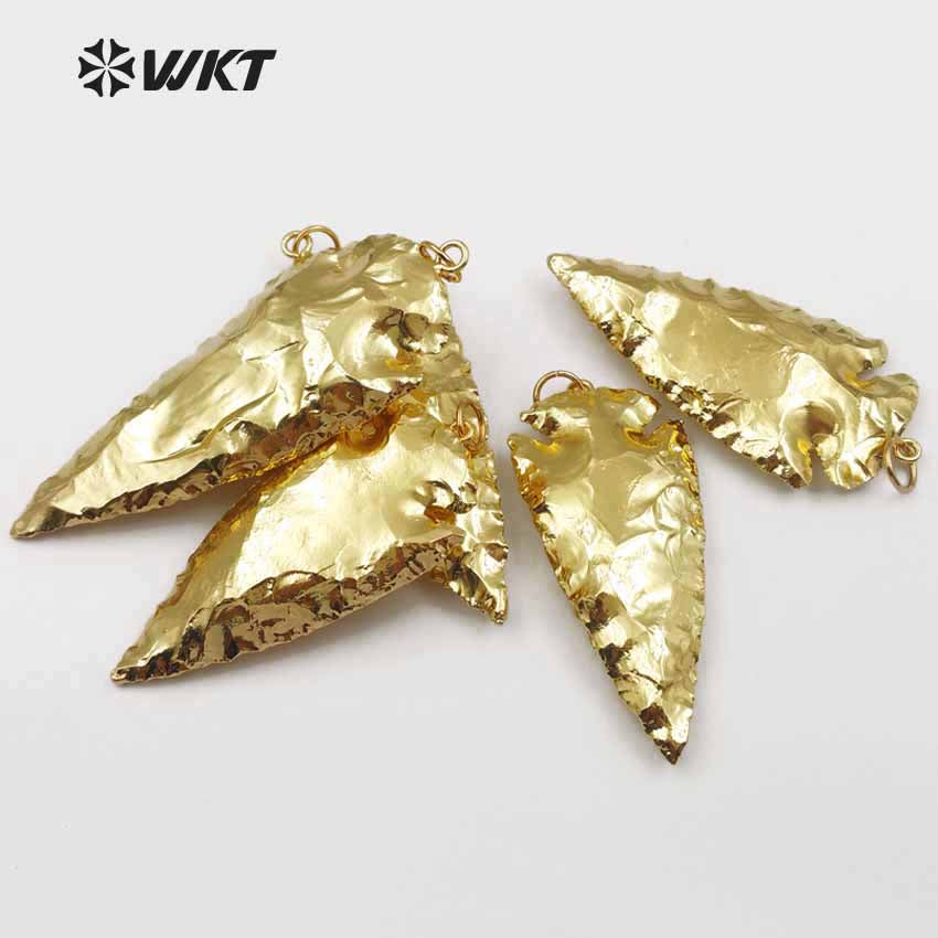 WT-P1376 Natural Stone Pendant Carved Arrowhead Stone Pendant with 24k Gold for Women Pendant
