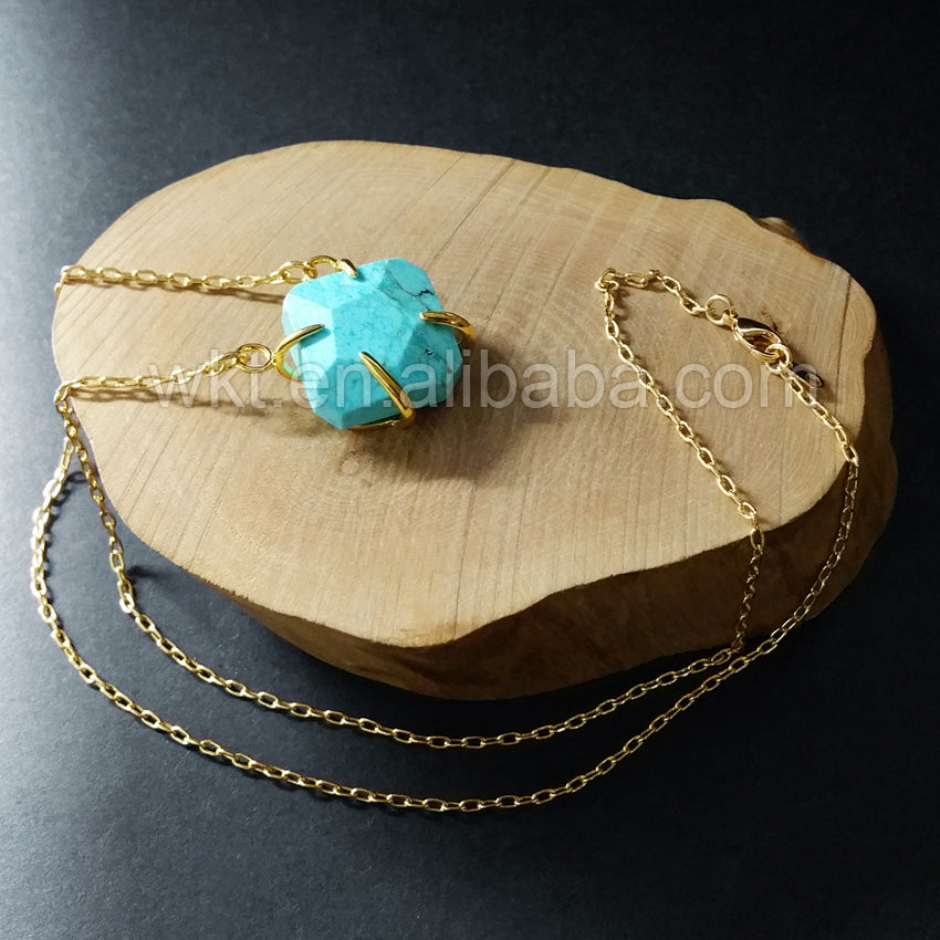 WT-N720 Wholesale Natural Prong Setting Gemstone Necklace 24k Gold Plated Faceted Turquoise Necklace