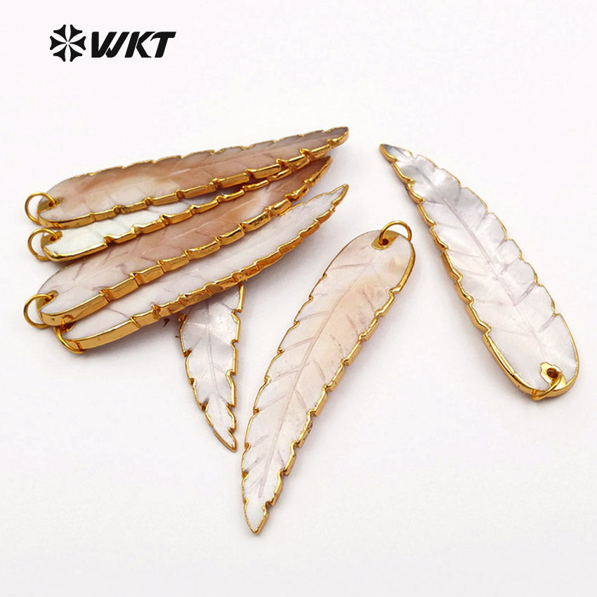 WT-JP044 Wholesale Custom New Feather Natural Shell Pendant With 24k Gold Trim Shell Mixed Color Leaf Necklace Pendant