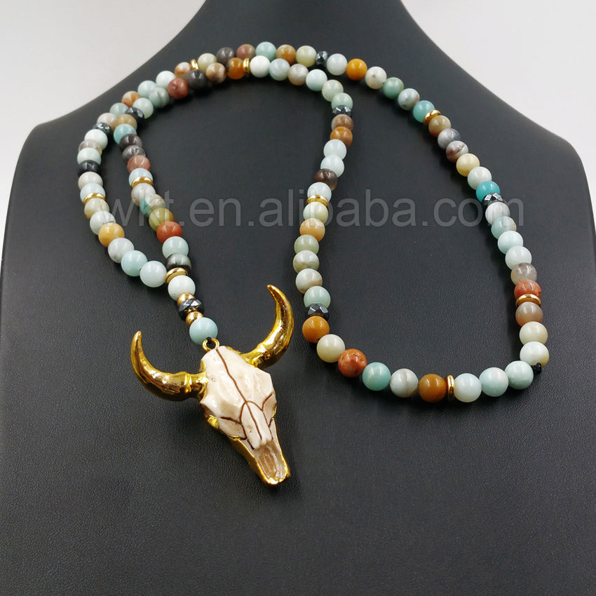 WT-N775 Natural 8mm Amazonite Beads Necklace,24k Gold Plated Resin Cattle Head Bull Horn Pendant Beaded Necklace