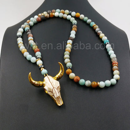 WT-N775 Natural 8mm Amazonite Beads Necklace,24k Gold Plated Resin Cattle Head Bull Horn Pendant Beaded Necklace