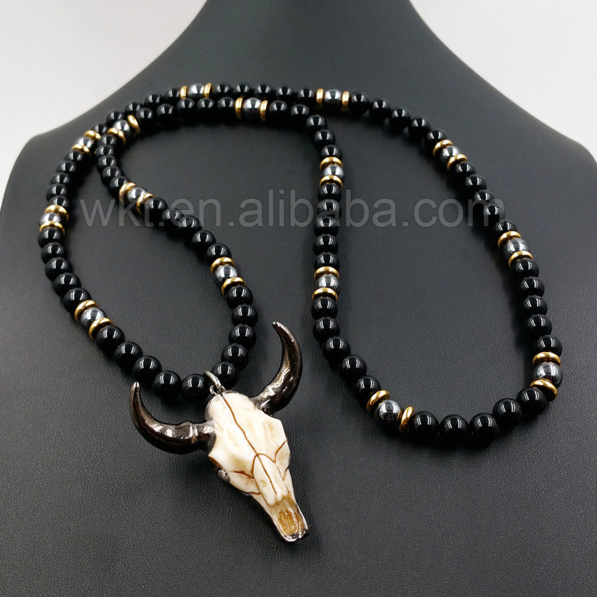 WT-N774 Newest Exclusive 8mm Black Bull Shaped Punk Agate and Cattle Head 32 Inch Long Beads Necklace