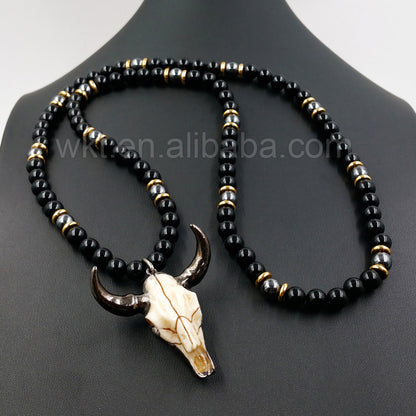 WT-N774 Newest Exclusive 8mm Black Bull Shaped Punk Agate and Cattle Head 32 Inch Long Beads Necklace