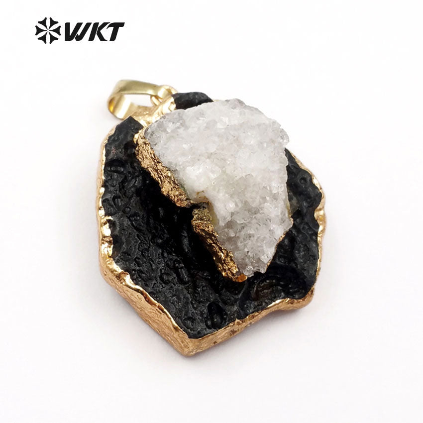 WT-P1389 Wholesale Fashion Design Custom Black Tektite With for Fashion Women Jewelry Making Druzy Quartz Unique Pendants