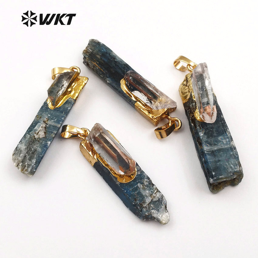 WT-P1390 Wholesale Special Fashion Design Custom Blue Kyanite with 18K Metal Electroplated Selenite for Jewelry Quartz Charm