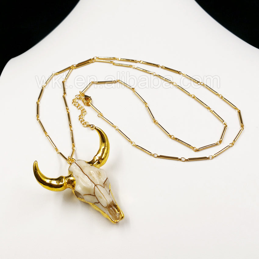 WT-N782 Newest Gold Plated Brass bar Chain Cattle Horn Necklace , Hot Resin Buffalo Cattle Horn Necklace