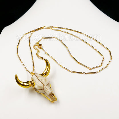 WT-N782 Newest Gold Plated Brass bar Chain Cattle Horn Necklace , Hot Resin Buffalo Cattle Horn Necklace
