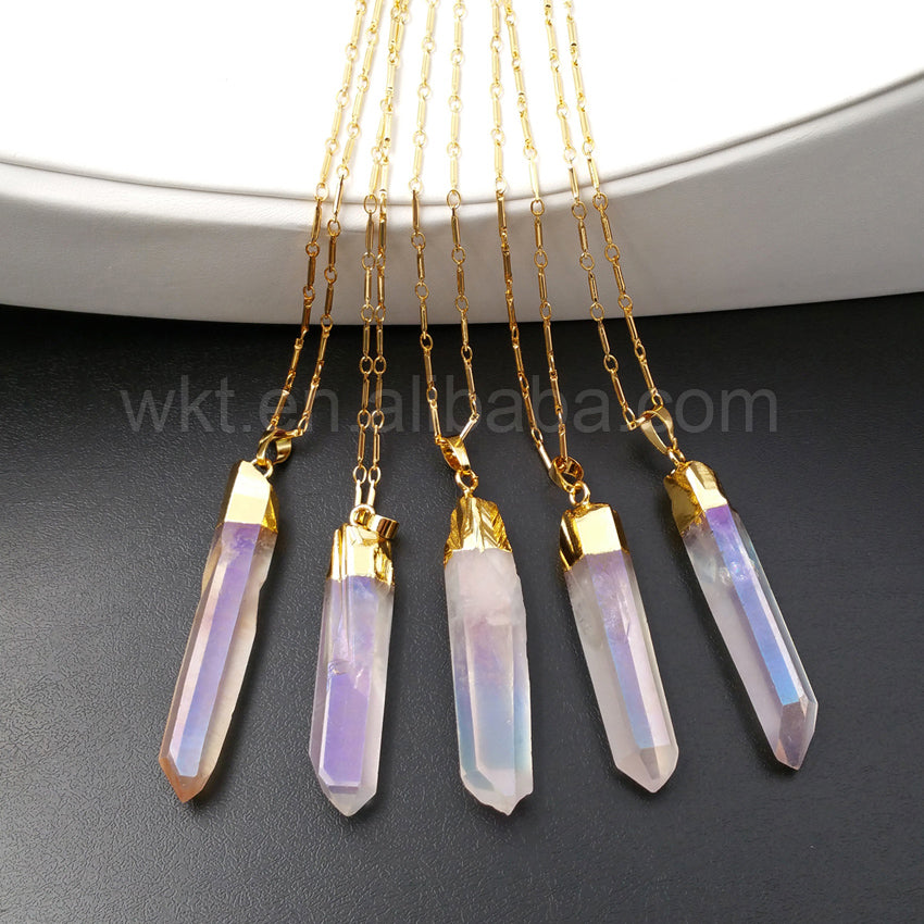 WT-N860 Newest Freedom Angel Aura Crystal Quartz Pendant Necklace,Amazing Natural Quartz With Gold Plated Pendant Necklace