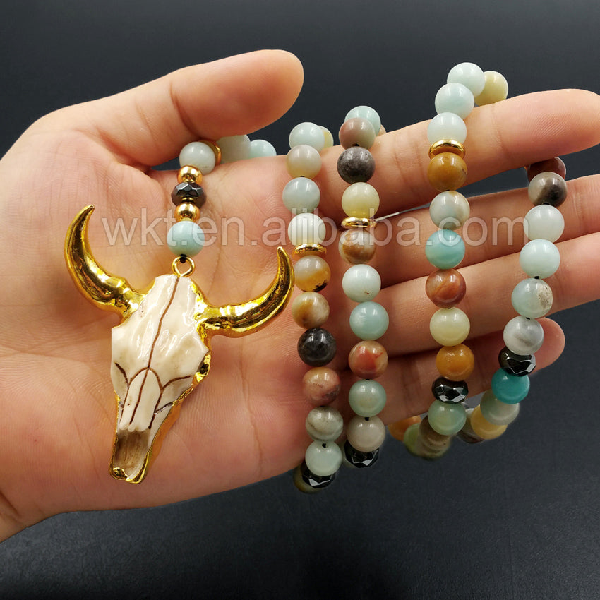WT-N775 Natural 8mm Amazonite Beads Necklace,24k Gold Plated Resin Cattle Head Bull Horn Pendant Beaded Necklace