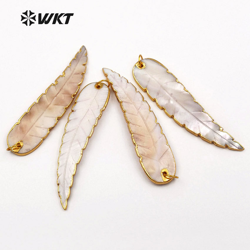 WT-JP044 Wholesale Custom New Feather Natural Shell Pendant With 24k Gold Trim Shell Mixed Color Leaf Necklace Pendant