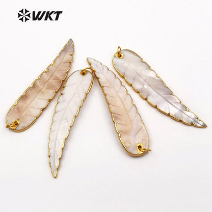 WT-JP044 Wholesale Custom New Feather Natural Shell Pendant With 24k Gold Trim Shell Mixed Color Leaf Necklace Pendant