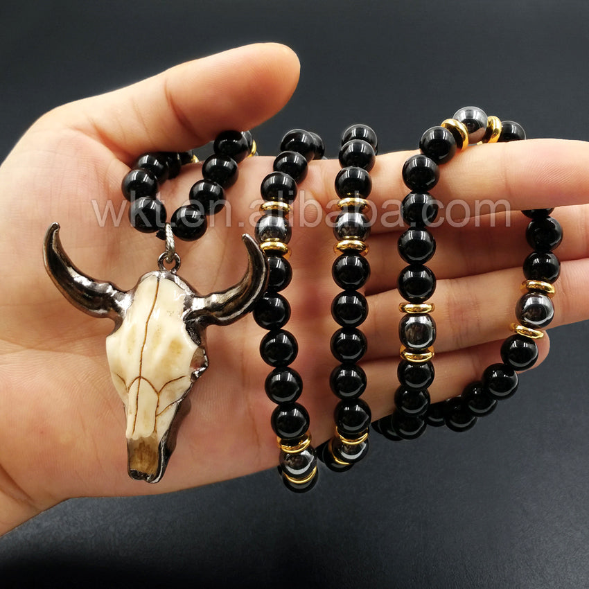 WT-N774 Newest Exclusive 8mm Black Bull Shaped Punk Agate and Cattle Head 32 Inch Long Beads Necklace
