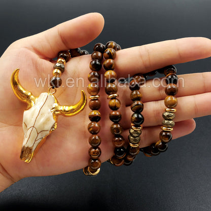 WT-N776 Wholesale Natural Gemstone tiger Eye Round Beads Necklace, Gorgeous 32inch Long Themed Pendant Beads Necklace