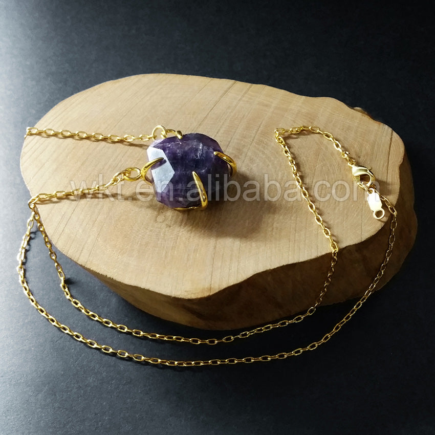 WT-N720 Wholesale Natural Prong Setting Gemstone Necklace 24k Gold Plated Faceted Turquoise Necklace