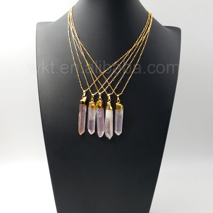 WT-N860 Newest Freedom Angel Aura Crystal Quartz Pendant Necklace,Amazing Natural Quartz With Gold Plated Pendant Necklace