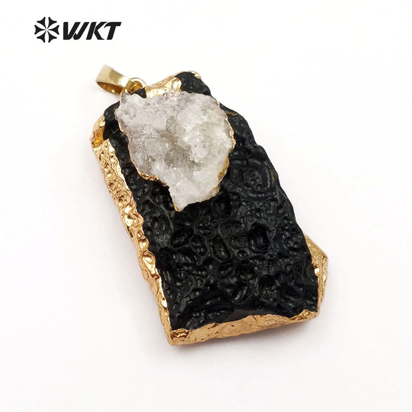 WT-P1389 Wholesale Fashion Design Custom Black Tektite With for Fashion Women Jewelry Making Druzy Quartz Unique Pendants