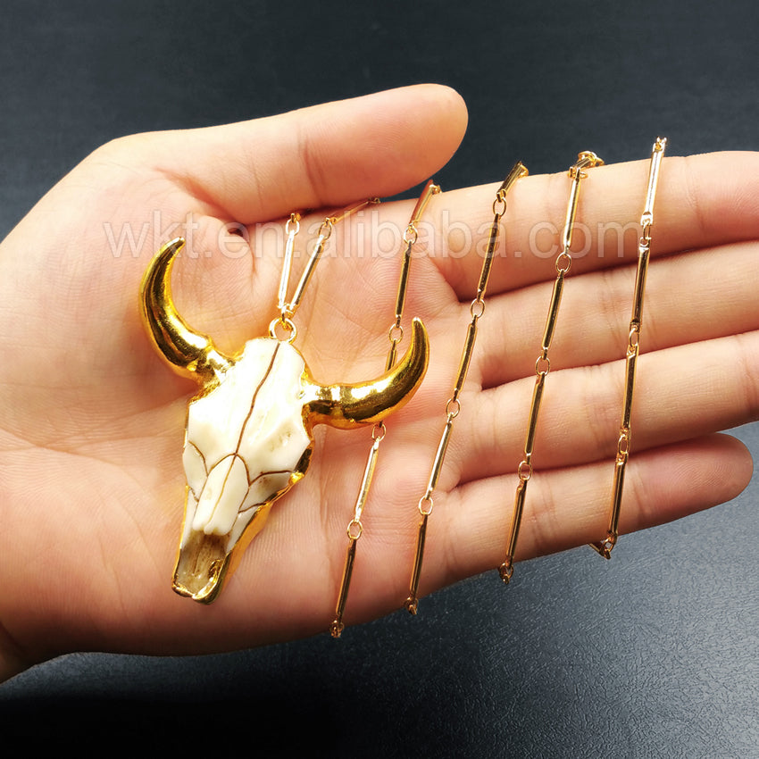 WT-N782 Newest Gold Plated Brass bar Chain Cattle Horn Necklace , Hot Resin Buffalo Cattle Horn Necklace