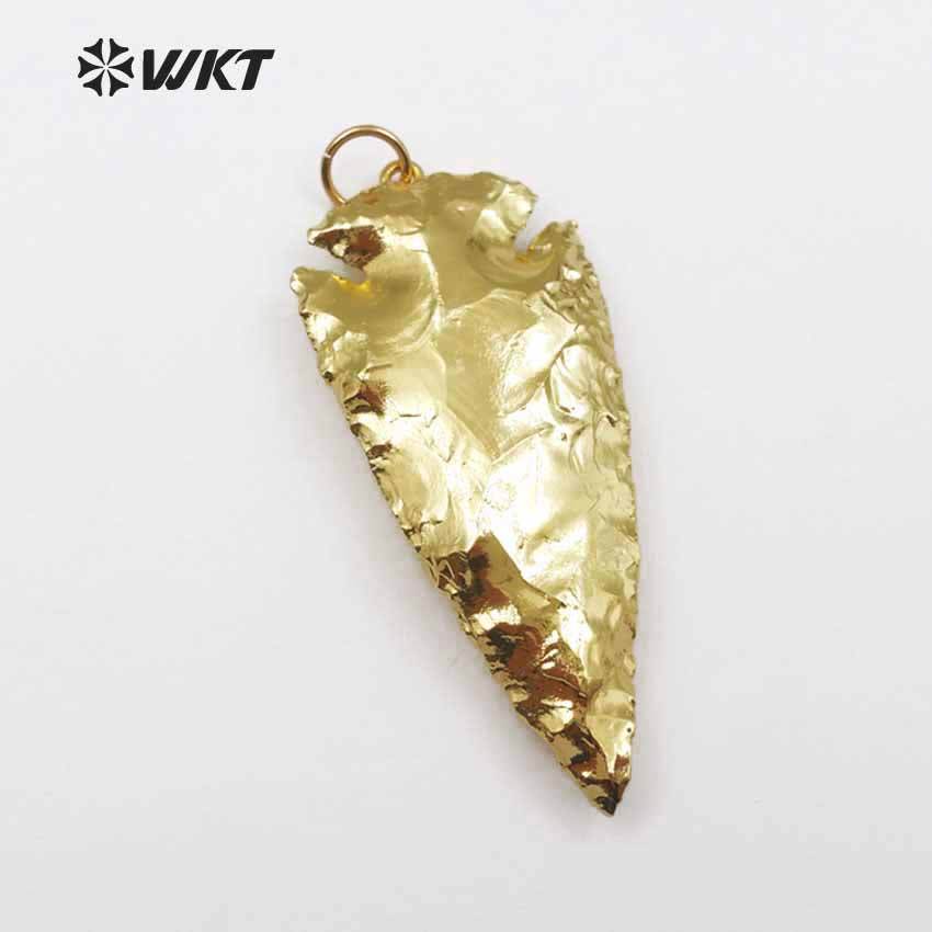 WT-P1376 Natural Stone Pendant Carved Arrowhead Stone Pendant with 24k Gold for Women Pendant