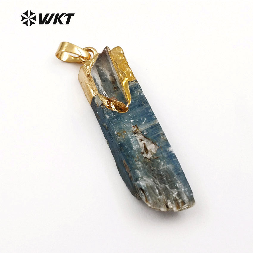 WT-P1390 Wholesale Special Fashion Design Custom Blue Kyanite with 18K Metal Electroplated Selenite for Jewelry Quartz Charm