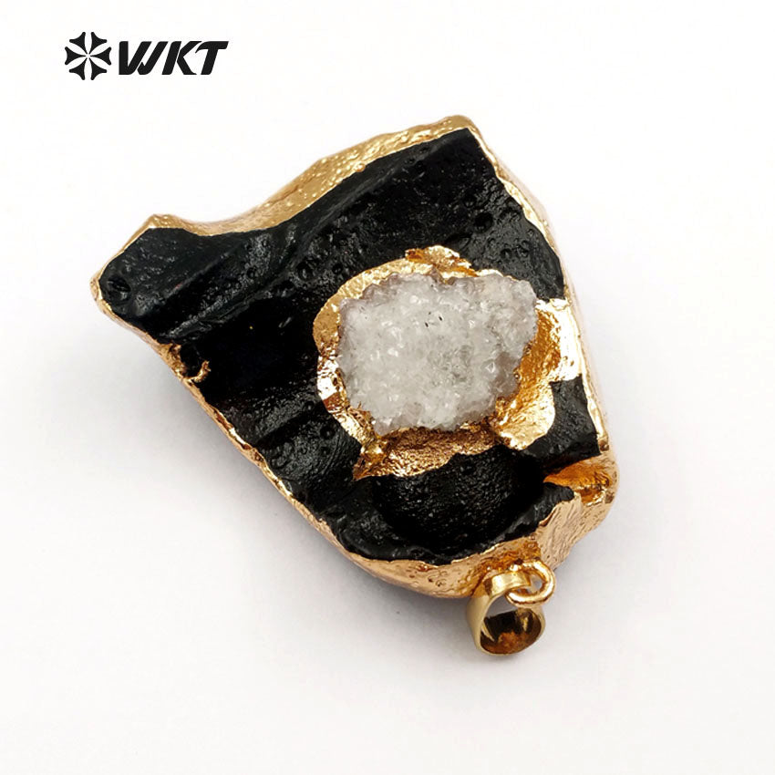 WT-P1389 Wholesale Fashion Design Custom Black Tektite With for Fashion Women Jewelry Making Druzy Quartz Unique Pendants