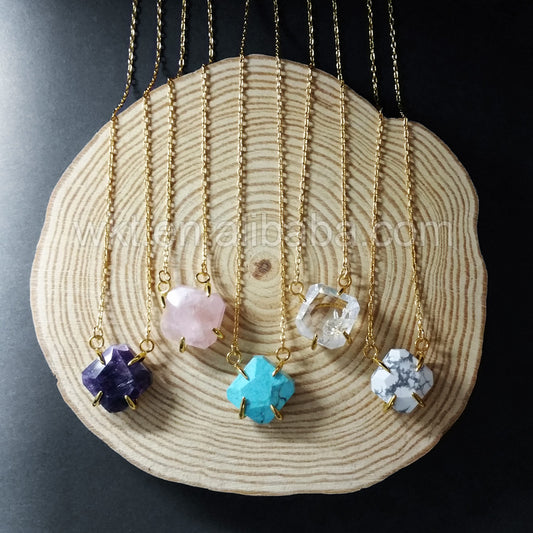 WT-N720 Wholesale Natural Prong Setting Gemstone Necklace 24k Gold Plated Faceted Turquoise Necklace