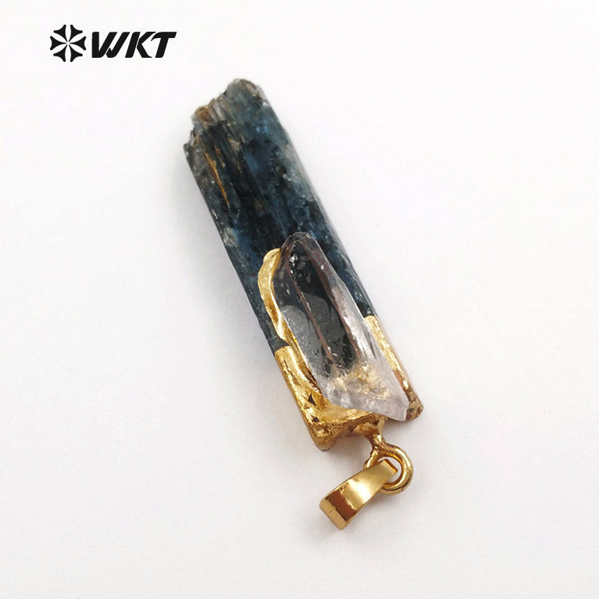 WT-P1390 Wholesale Special Fashion Design Custom Blue Kyanite with 18K Metal Electroplated Selenite for Jewelry Quartz Charm