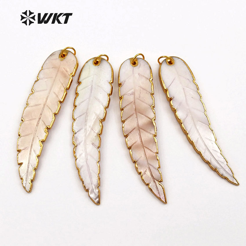 WT-JP044 Wholesale Custom New Feather Natural Shell Pendant With 24k Gold Trim Shell Mixed Color Leaf Necklace Pendant