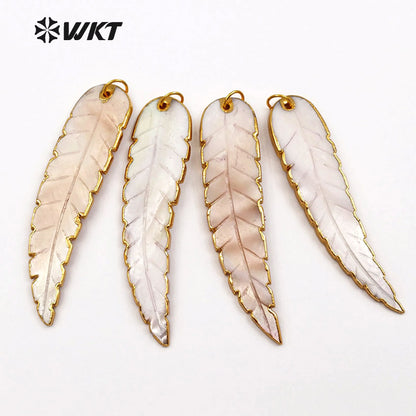 WT-JP044 Wholesale Custom New Feather Natural Shell Pendant With 24k Gold Trim Shell Mixed Color Leaf Necklace Pendant