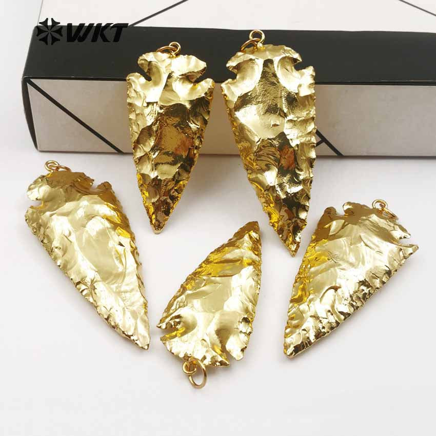 WT-P1376 Natural Stone Pendant Carved Arrowhead Stone Pendant with 24k Gold for Women Pendant