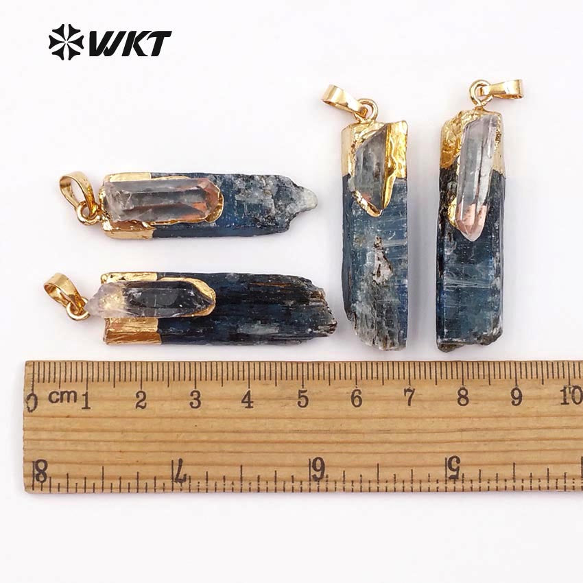 WT-P1390 Wholesale Special Fashion Design Custom Blue Kyanite with 18K Metal Electroplated Selenite for Jewelry Quartz Charm