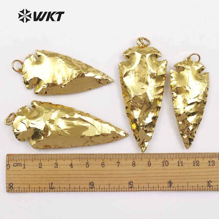 WT-P1376 Natural Stone Pendant Carved Arrowhead Stone Pendant with 24k Gold for Women Pendant