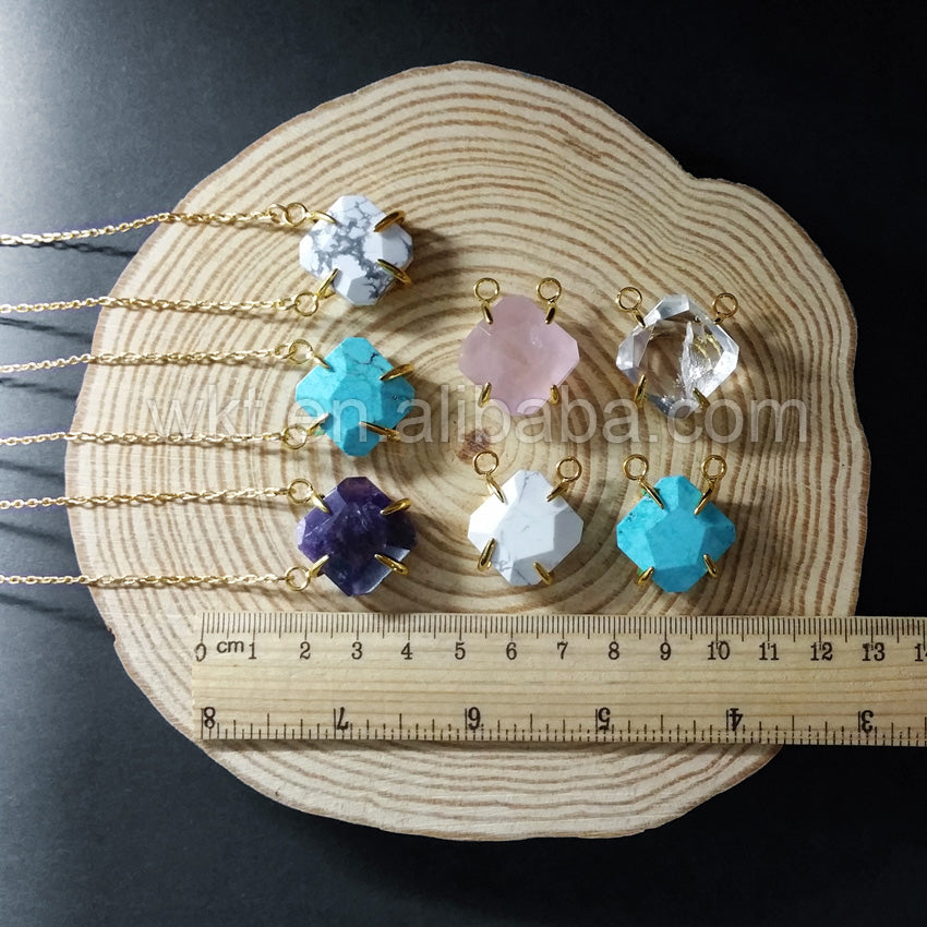 WT-N720 Wholesale Natural Prong Setting Gemstone Necklace 24k Gold Plated Faceted Turquoise Necklace