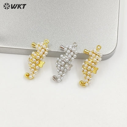 WT-MP316 High Quality Gold And Silver Plated Brass With Artificial Pearl Seahorse Shape Pendant For Women Luxury Jewelry DIY