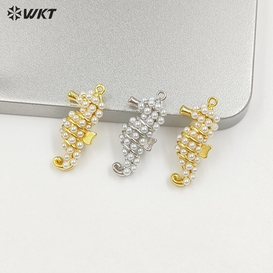 WT-MP316 High Quality Gold And Silver Plated Brass With Artificial Pearl Seahorse Shape Pendant For Women Luxury Jewelry DIY