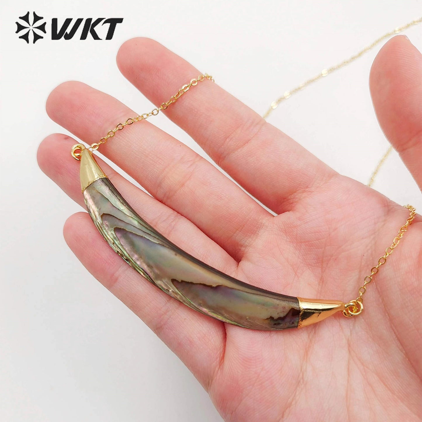 WT-N470 Fashion Double Bails Natural Abalone Horn Necklace 18k Gold Plated Shell Horn Women Necklace With 18 Inch Chain