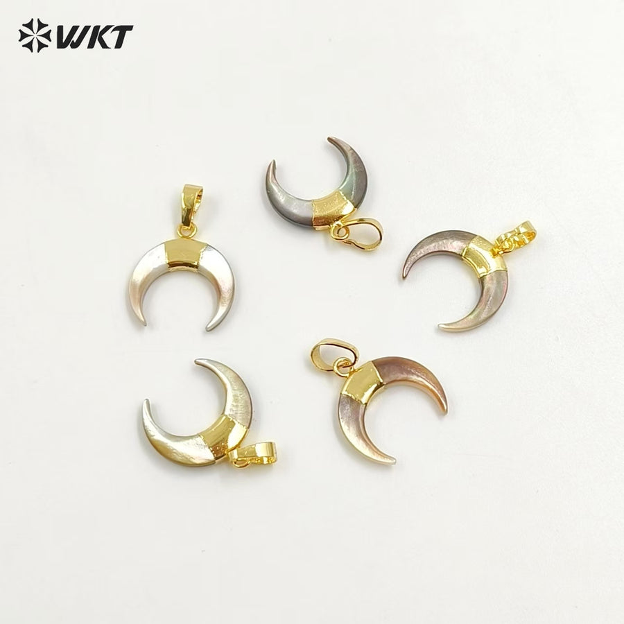 WT-P959 Fashion Natural Grey Crescent Shell Pendant With 24K Real Gold Plated Shell Pendant,Handmade Bail Shell Pendant
