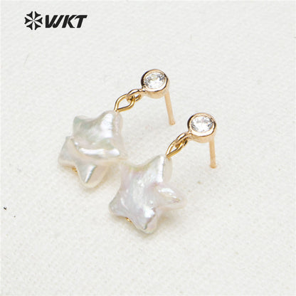 WT-E531 Wholesale New Design Lovely Natural Baroque Pearl Earring Natural Pearl Baroque Style Star Pendant Earring